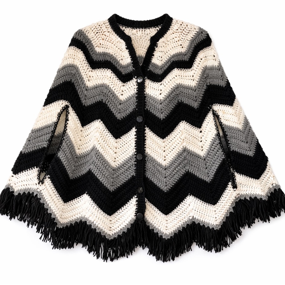 Vintage Cape Wrap black gray white crochet OS hand made